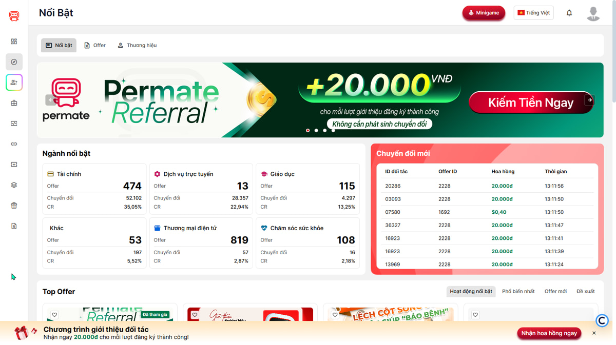 Permate nền tảng tiếp thị liên kết mới? Người chơi top 1 sau 2 ngày, đạt mốc hoa hồng 40 triệu